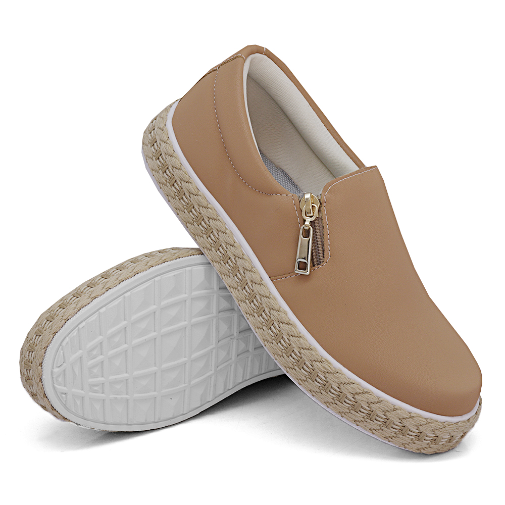 Tênis Slip On Feminino com Zíper Dk Shoes Bege