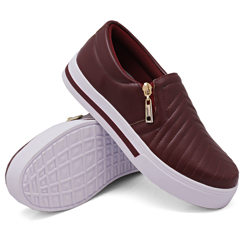 Tênis Slip On Feminino com Ziper Dk Shoes  Bordô