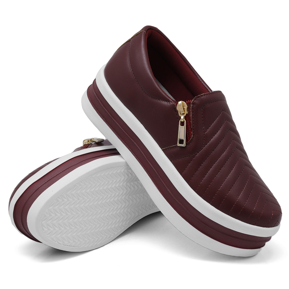 Tênis Slip On Feminino com Ziper Dk Shoes  Bordô