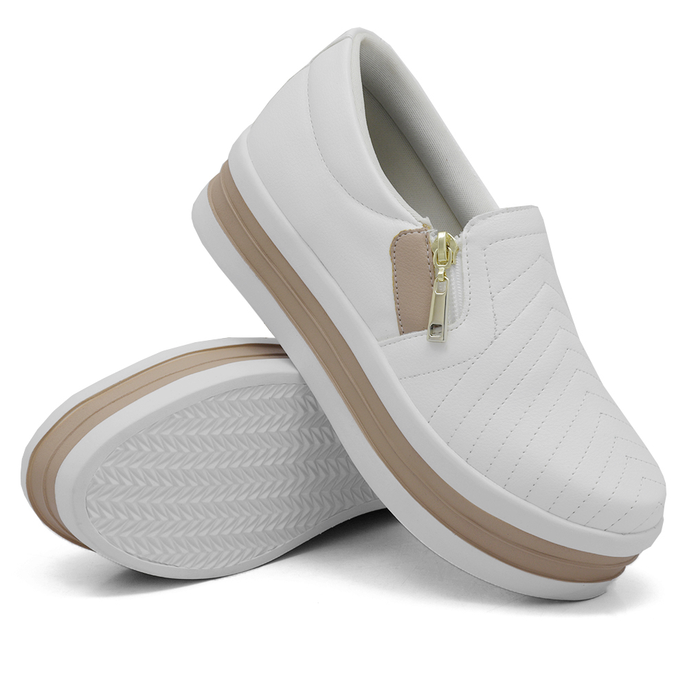 Tênis Slip On Feminino com Ziper Dk Shoes  Branco