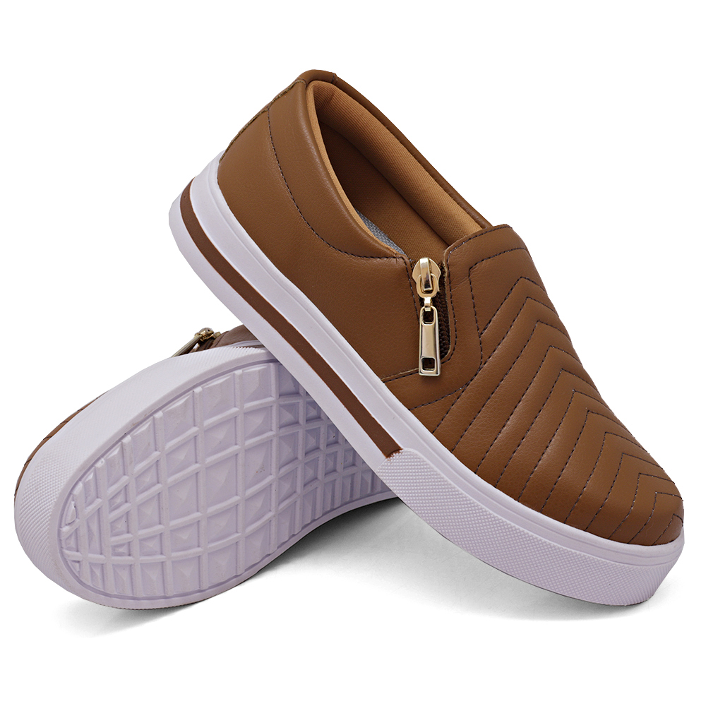 Tênis Slip On Feminino com Ziper Dk Shoes  Caramelo