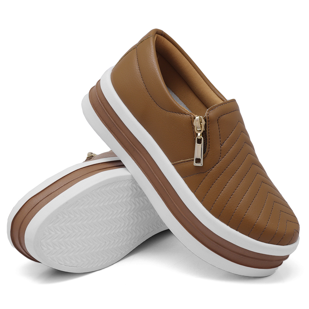 Tênis Slip On Feminino com Ziper Dk Shoes  Caramelo