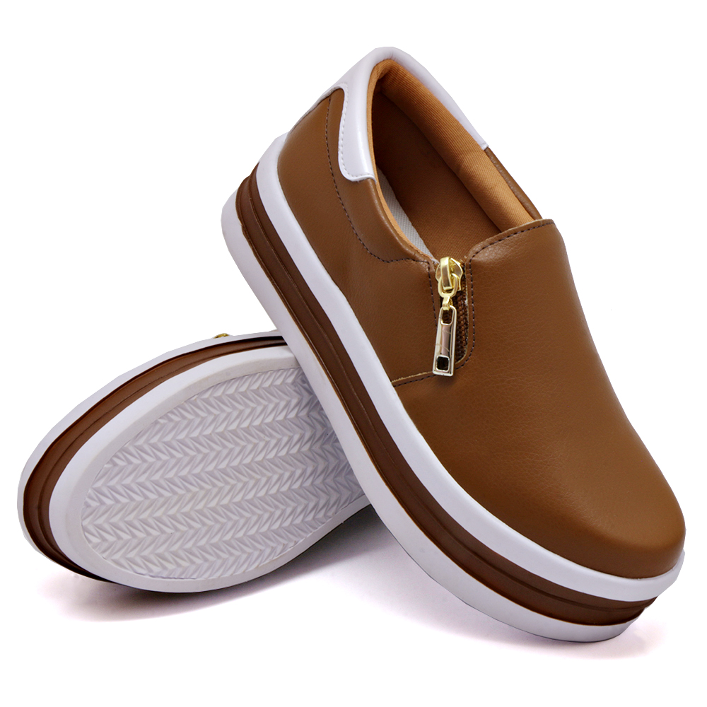 Tênis Slip On Feminino com Zíper Dk Shoes Caramelo