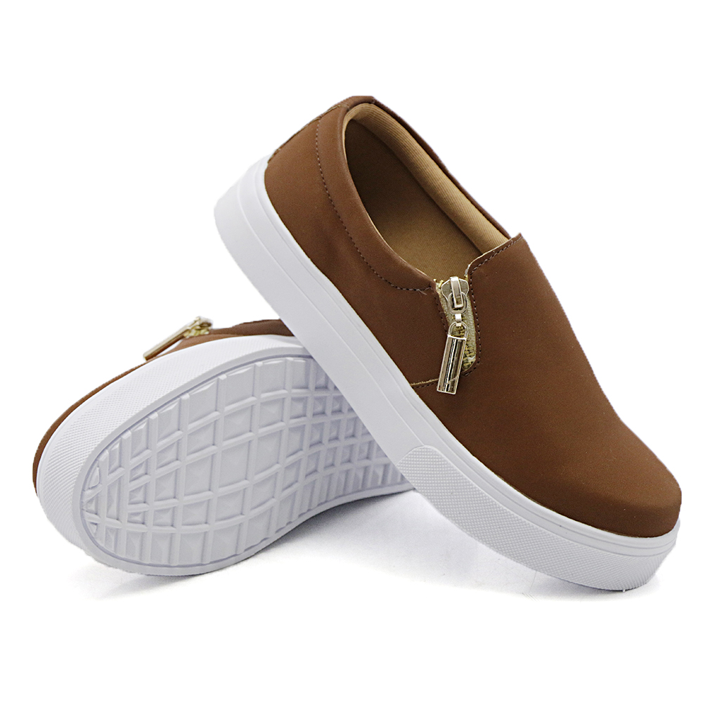 Tênis Slip On Feminino com Ziper Dk Shoes Caramelo