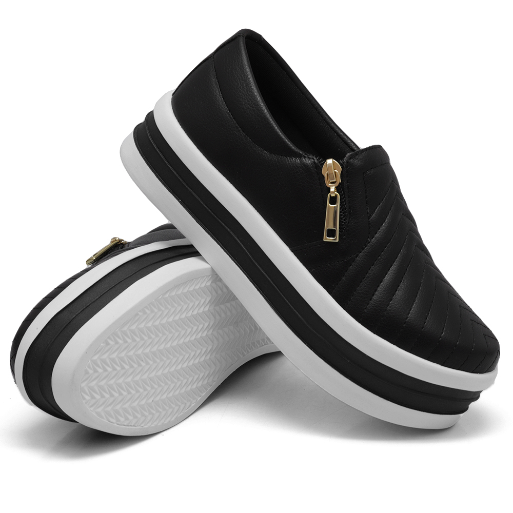 Tênis Slip On Feminino com Ziper Dk Shoes  Preto