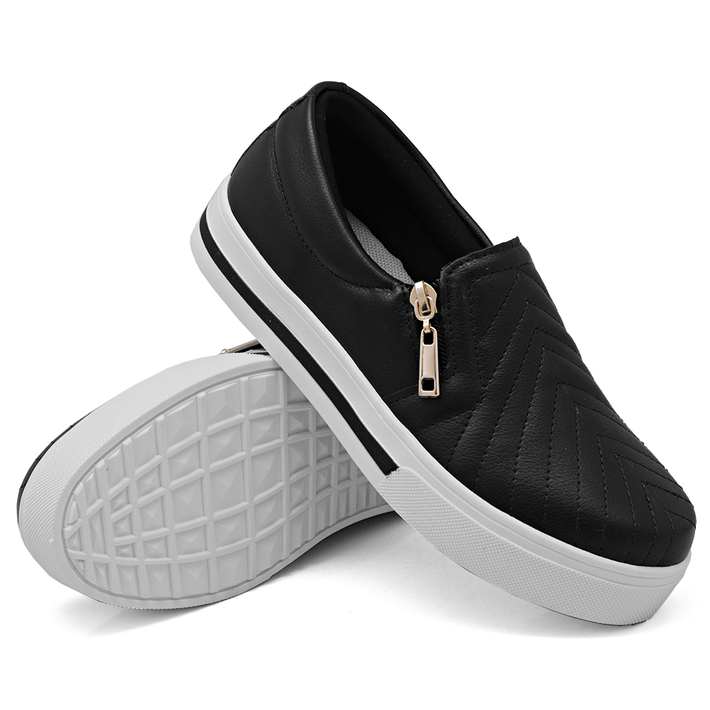 Tênis Slip On Feminino com Ziper Dk Shoes  Preto