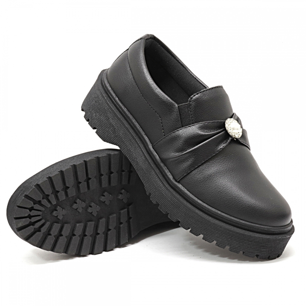 Tênis Slip On Feminino Dk Shoes com Elástico e Pedraria Preto