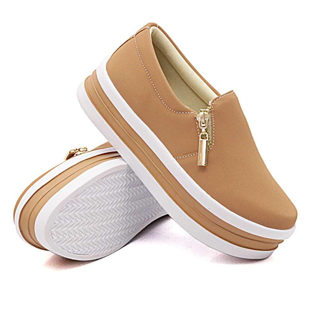 Tênis Slip On Feminino Dk Shoes com Ziper Detalhe em Listra Bege