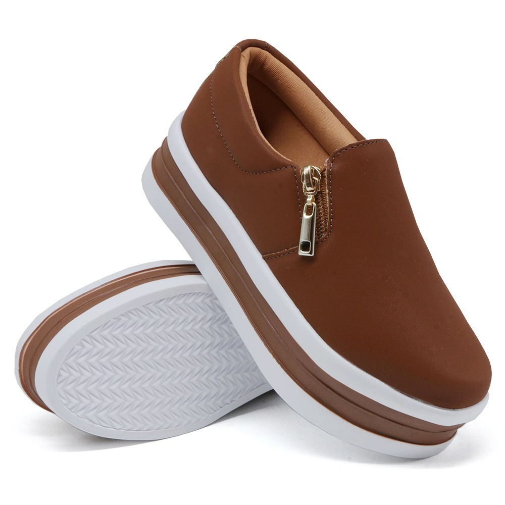 Tênis Slip On Feminino Dk Shoes com Ziper Detalhe em Listra Caramelo