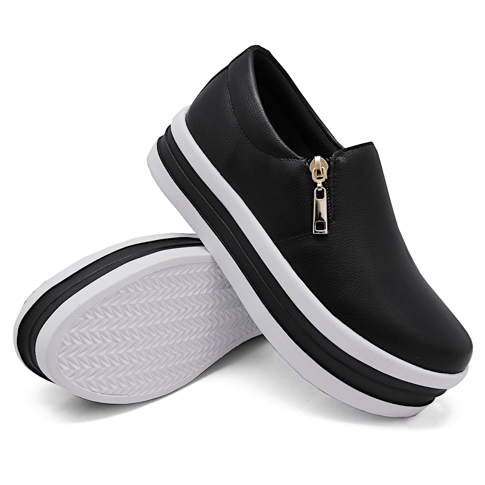 Tênis Slip On Feminino Dk Shoes com Ziper Detalhe em Listra Preto