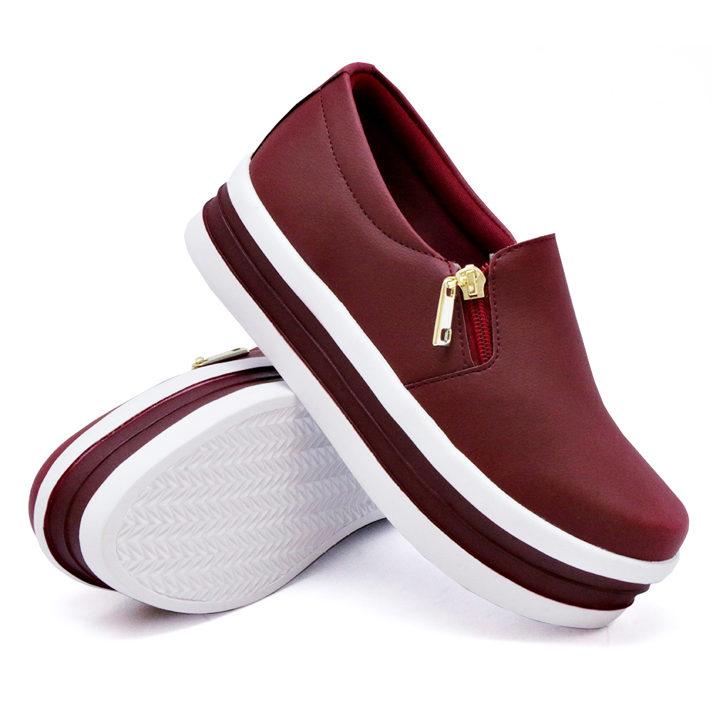 Tênis Slip On Feminino Dk Shoes com Ziper Detalhe em Listra Vinho