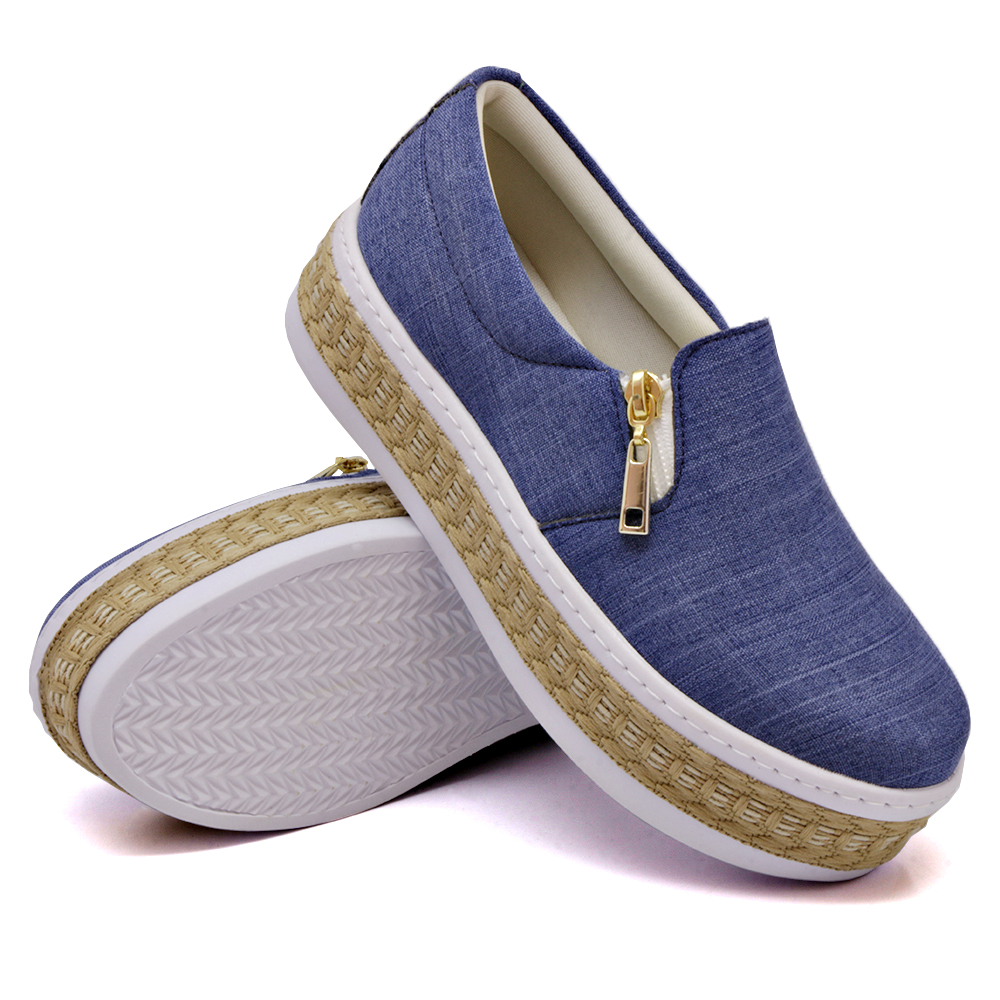 Tênis Slip On Feminino Dk Shoes com Ziper Detalhe em Sisal Azul