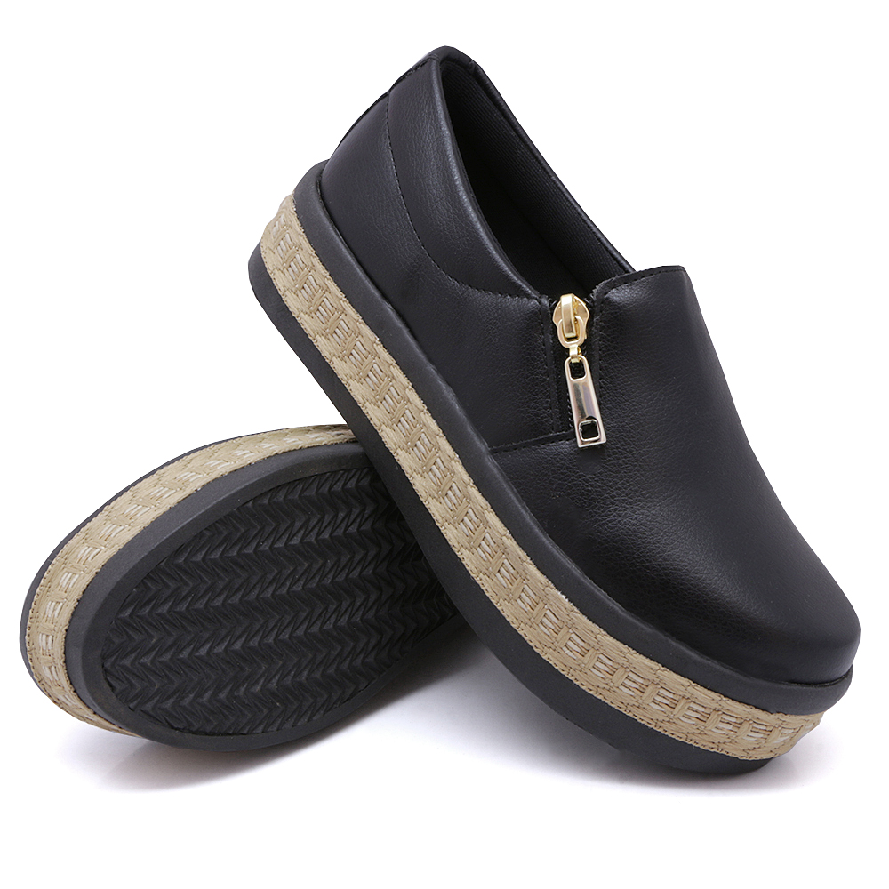 Tênis Slip On Feminino Dk Shoes com Ziper Detalhe em Sisal Preto