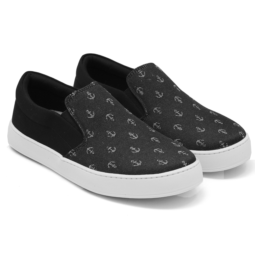 Tênis Slip On Feminino Dk Shoes Estampado com Elastico  Preto