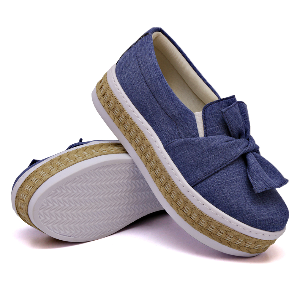 Tênis Slip On Feminino Dk Shoes Laço Frontal  Detalhe em Sisal Azul