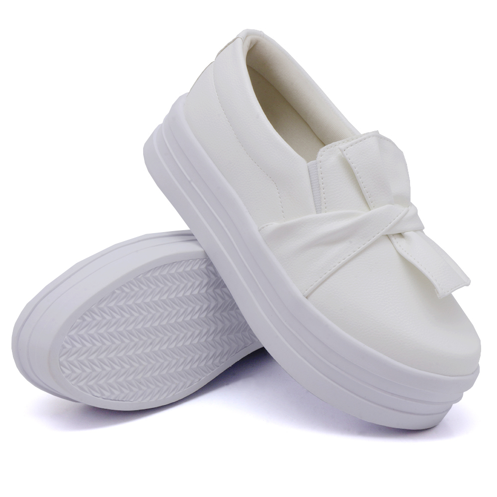 Tênis Slip On Feminino Dk Shoes Laço Frontal Detalhe Listra Branco