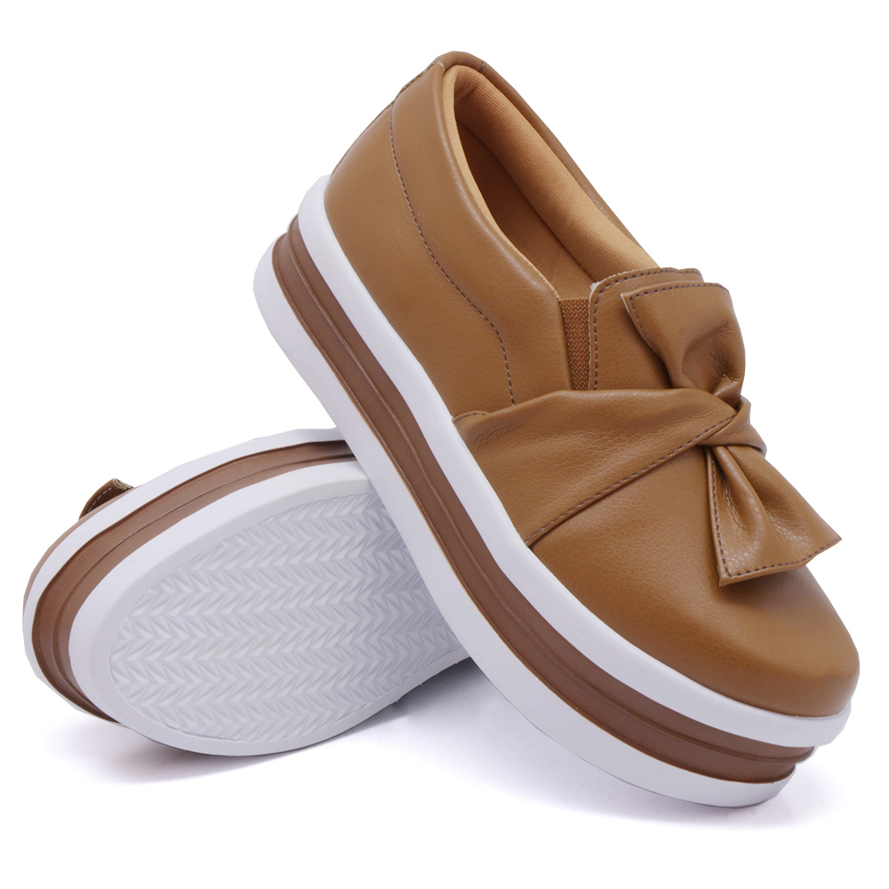 Tênis Slip On Feminino Dk Shoes Laço Frontal Detalhe Listra Caramelo