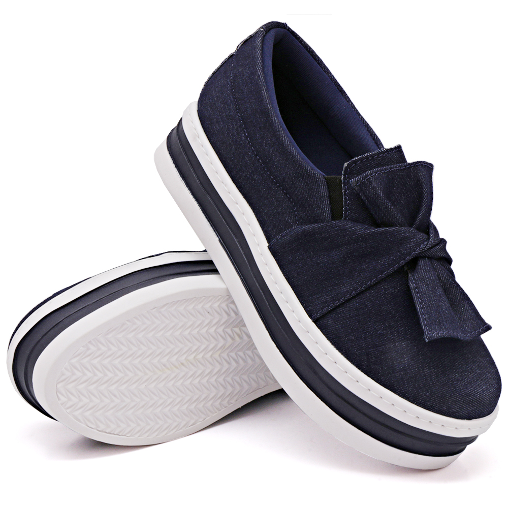 Tênis Slip On Feminino Dk Shoes Laço Frontal Detalhe Listra Marinho