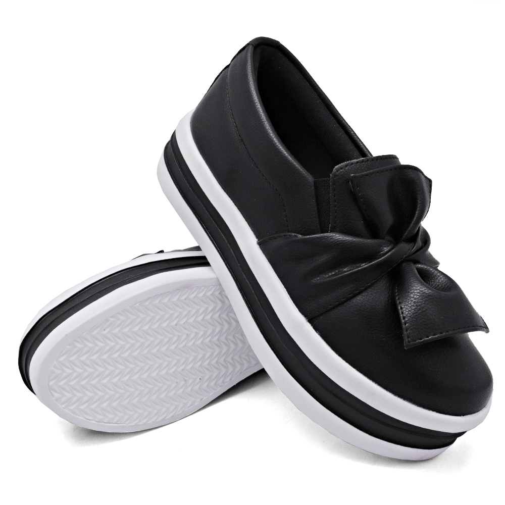 Tênis Slip On Feminino Dk Shoes Laço Frontal Detalhe Listra Preto