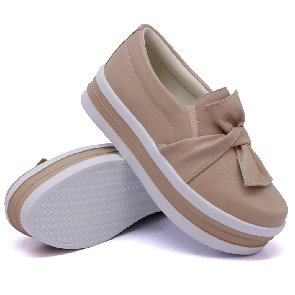 Tênis Slip On Feminino Dk Shoes Laço Frontal Detalhe Listra Rosê