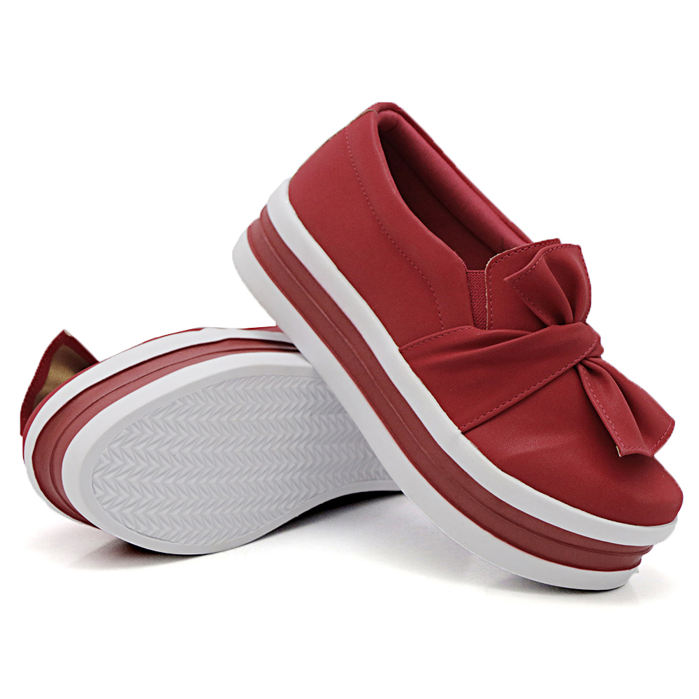 Tênis Slip On Feminino Dk Shoes Laço Frontal Detalhe Listra Vermelho