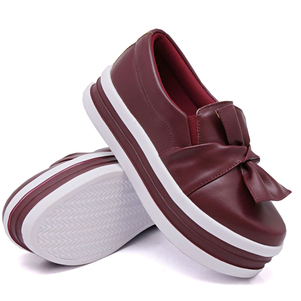 Tênis Slip On Feminino Dk Shoes Laço Frontal Detalhe Listra Vinho