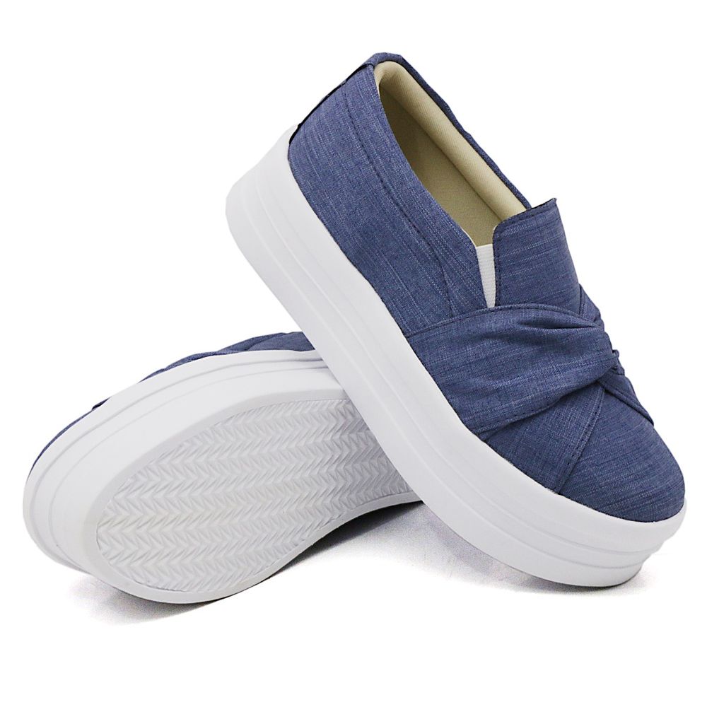 Tênis Slip On Feminino Dk Shoes Nó Frontal com Detalhe em Listra Azul