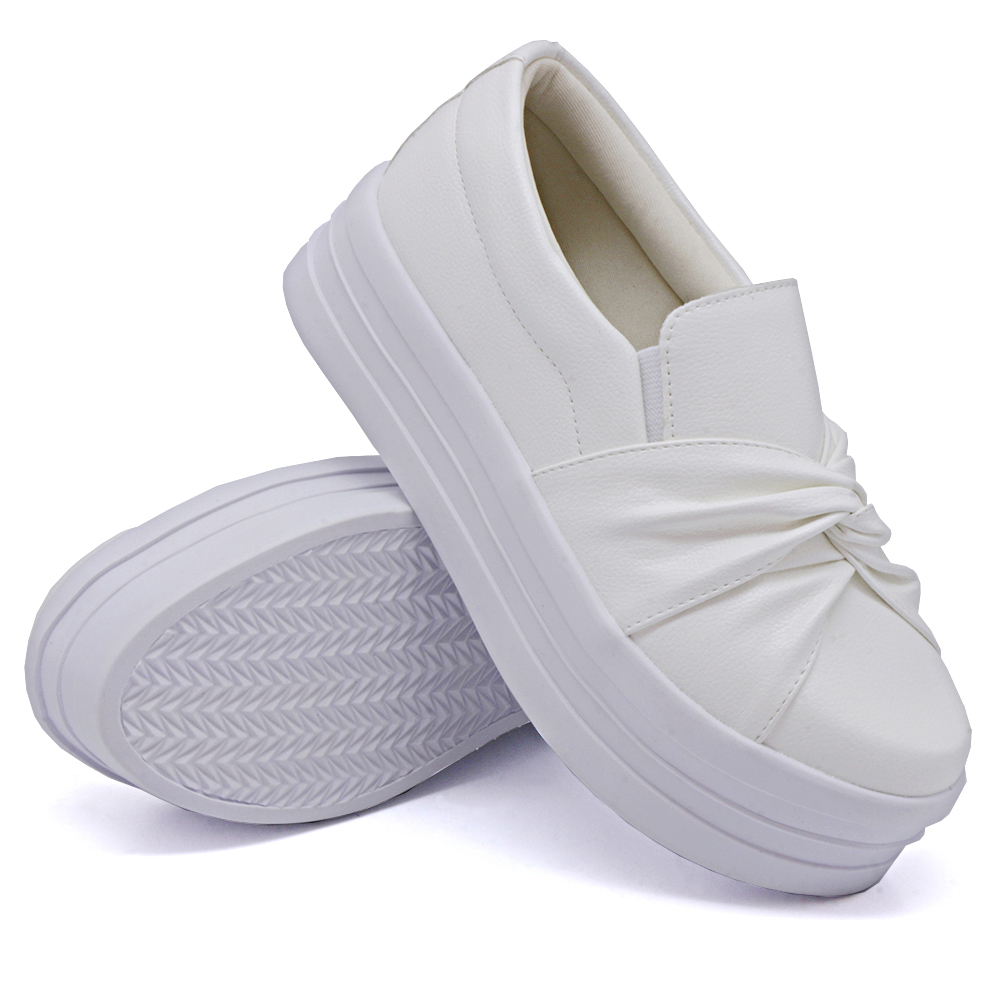 Tênis Slip On Feminino Dk Shoes Nó Frontal com Detalhe em Listra Branco