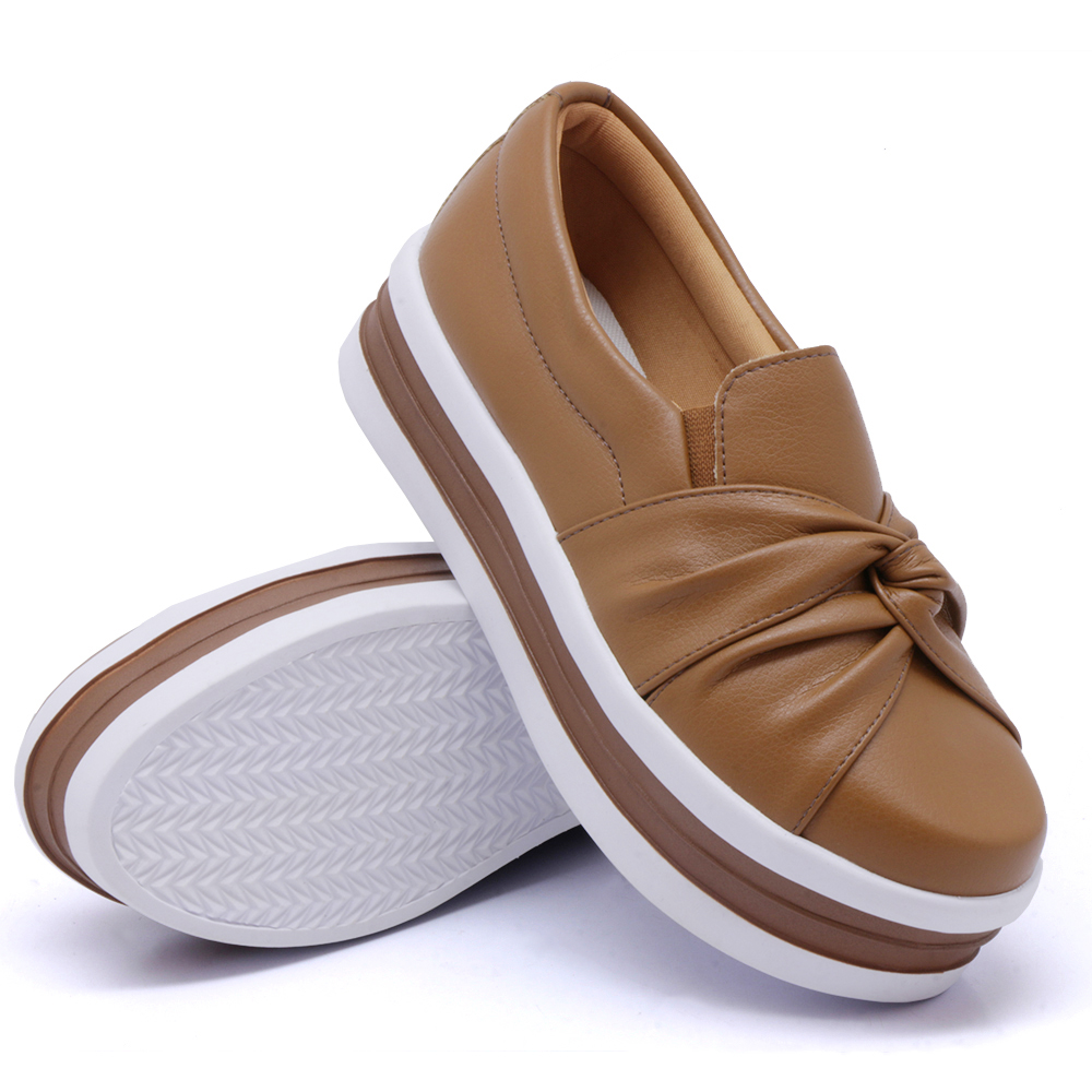 Tênis Slip On Feminino Dk Shoes Nó Frontal com Detalhe em Listra Caramelo