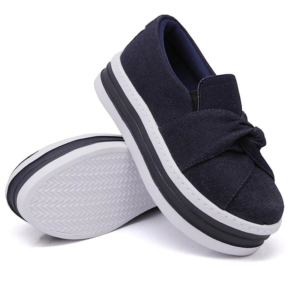 Tênis Slip On Feminino Dk Shoes Nó Frontal com Detalhe em Listra Marinho