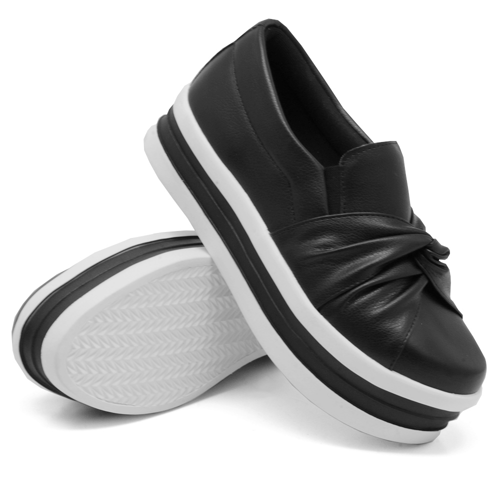 Tênis Slip On Feminino Dk Shoes Nó Frontal com Detalhe em Listra Preto