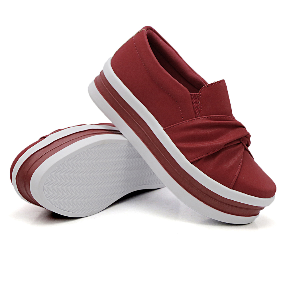 Tênis Slip On Feminino Dk Shoes Nó Frontal com Detalhe em Listra Vermelho