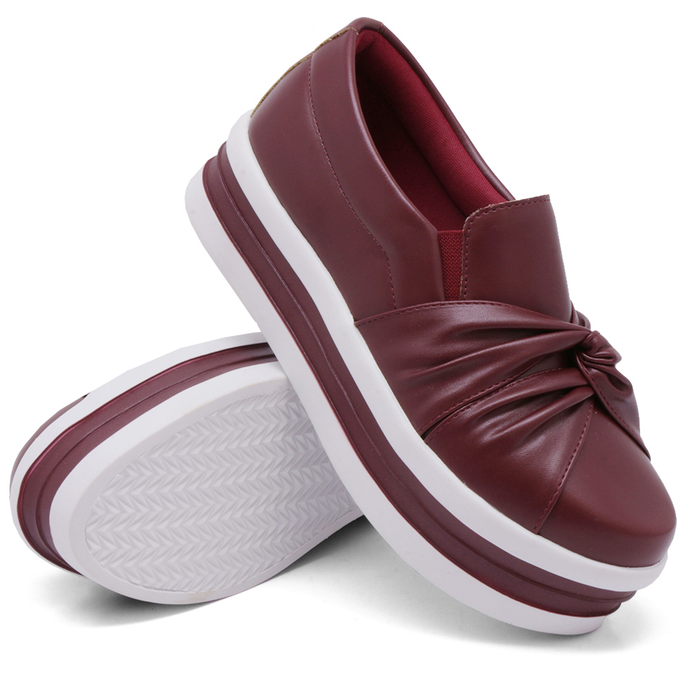 Tênis Slip On Feminino Dk Shoes Nó Frontal com Detalhe em Listra Vinho