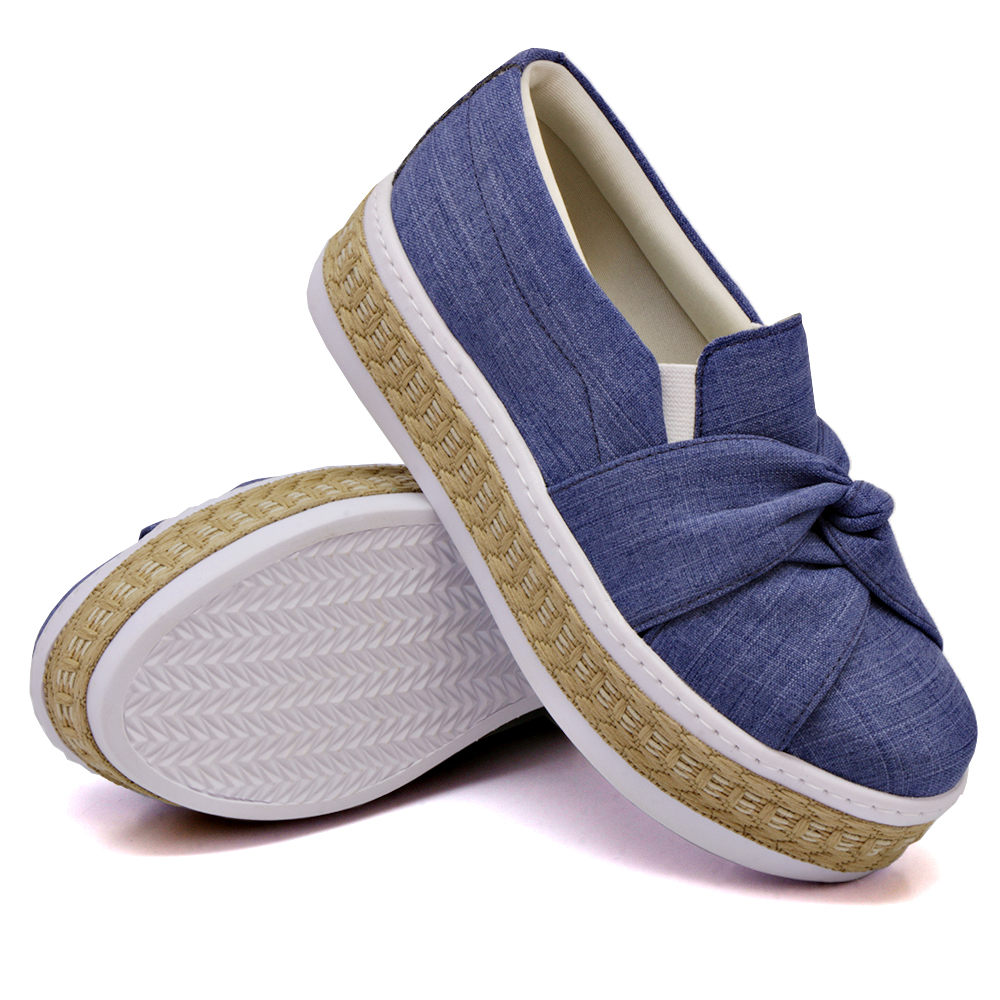 Tênis Slip On Feminino Dk Shoes Nó Frontal  Detalhe em Sisal Azul