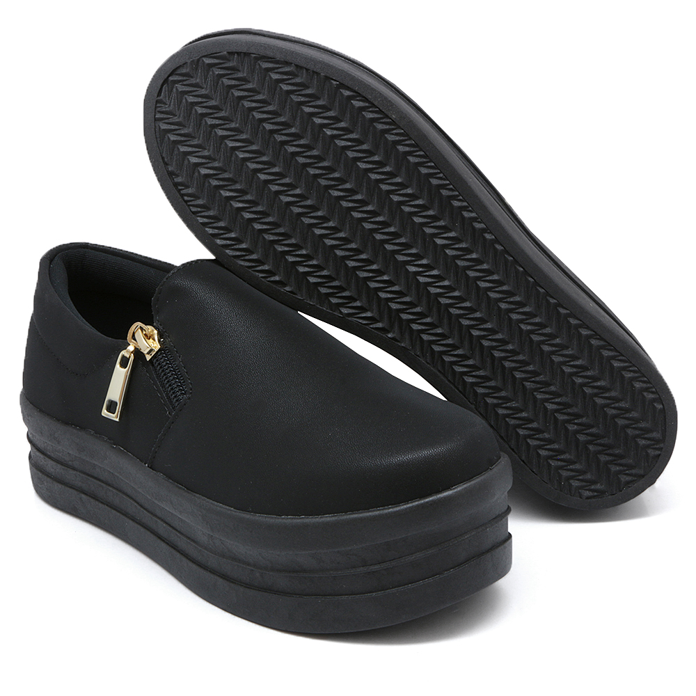 Tênis Slip On Feminino Liso Dk Shoes com Ziper Lateral Preto