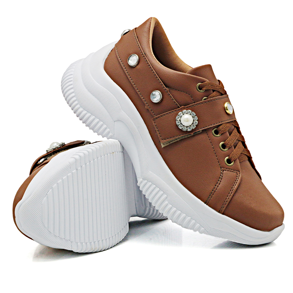 Tênis Sneaker Chunky Feminino com Pedraria Dk Shoes Caramelo