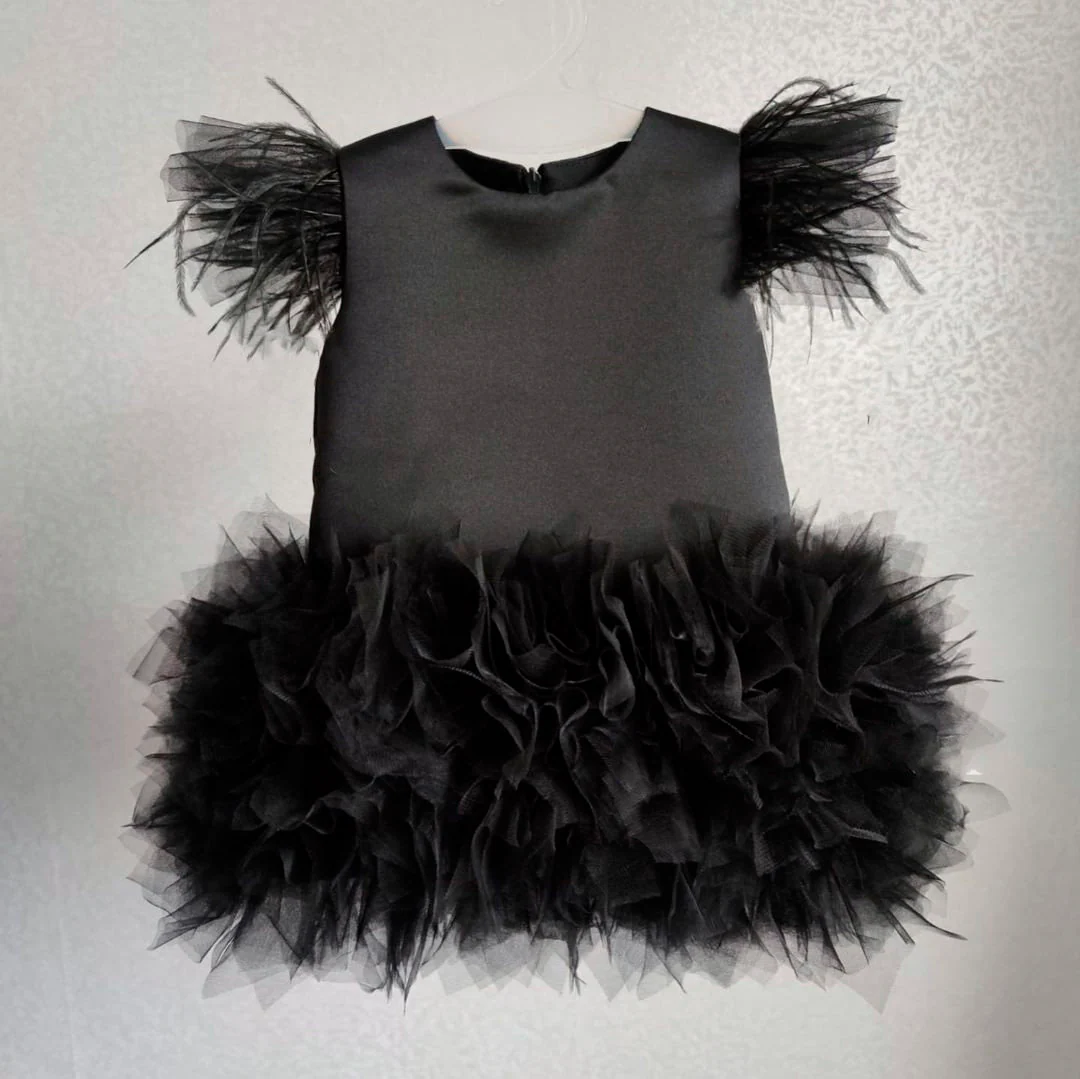 Black Girl Satin Dress Black Birthday Party Dress Tutu Tulle Princess Dress Girl Tulle Dress First Birthday outfit Tulle Flower Girl Tutu