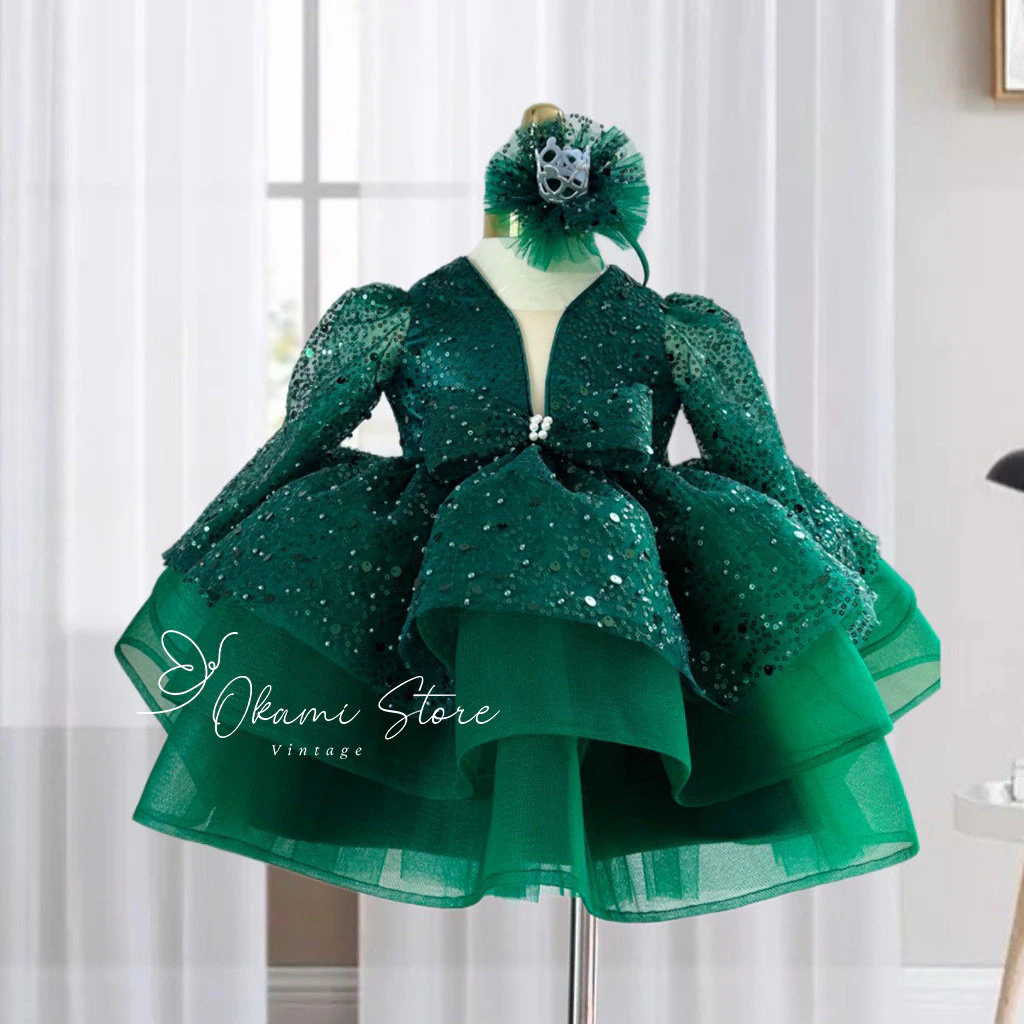 Hunter Green Sequined Baby Puffy Dress, Toddler Girl Dress, Holiday Tutu Dress, Baby Party Dress, Christmas Girl Dress, 1st Christmas Dress