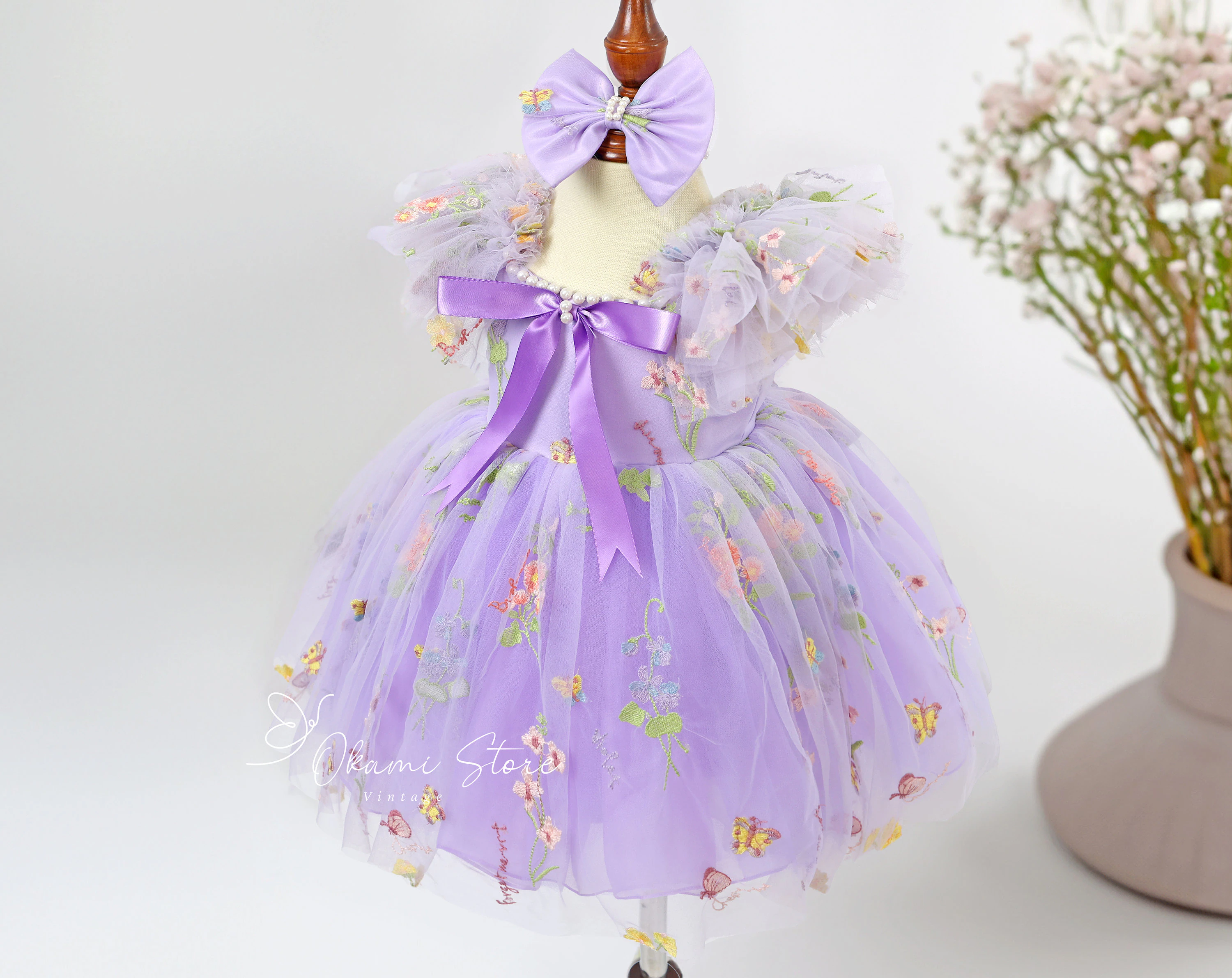 Lavender Floral Embroidered Tulle Flower Girl Dress, Easter Girls Dress, Spring Flower Girl Dress, Summer Floral Dress for Girls, tutu gift