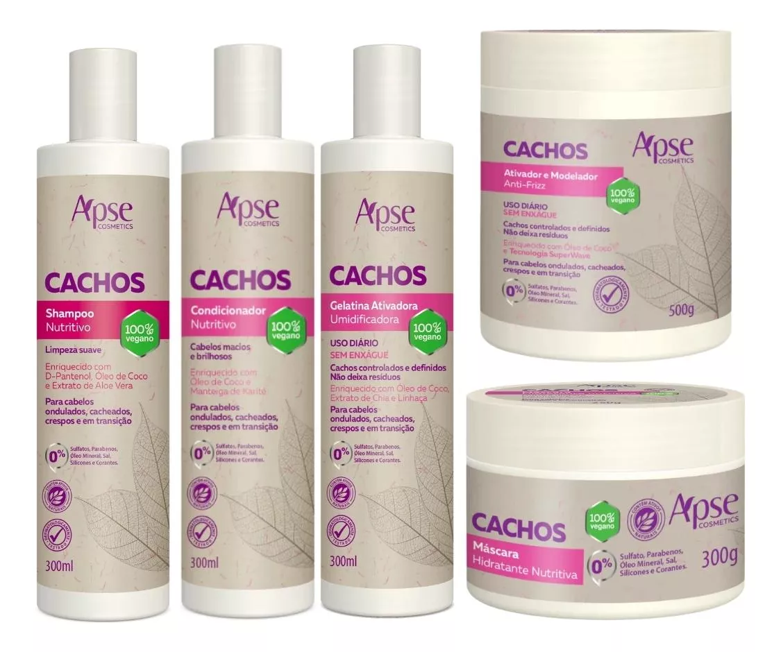 Kit Apse Cachos Completo 5 Itens Tratamento Capilar Vegano