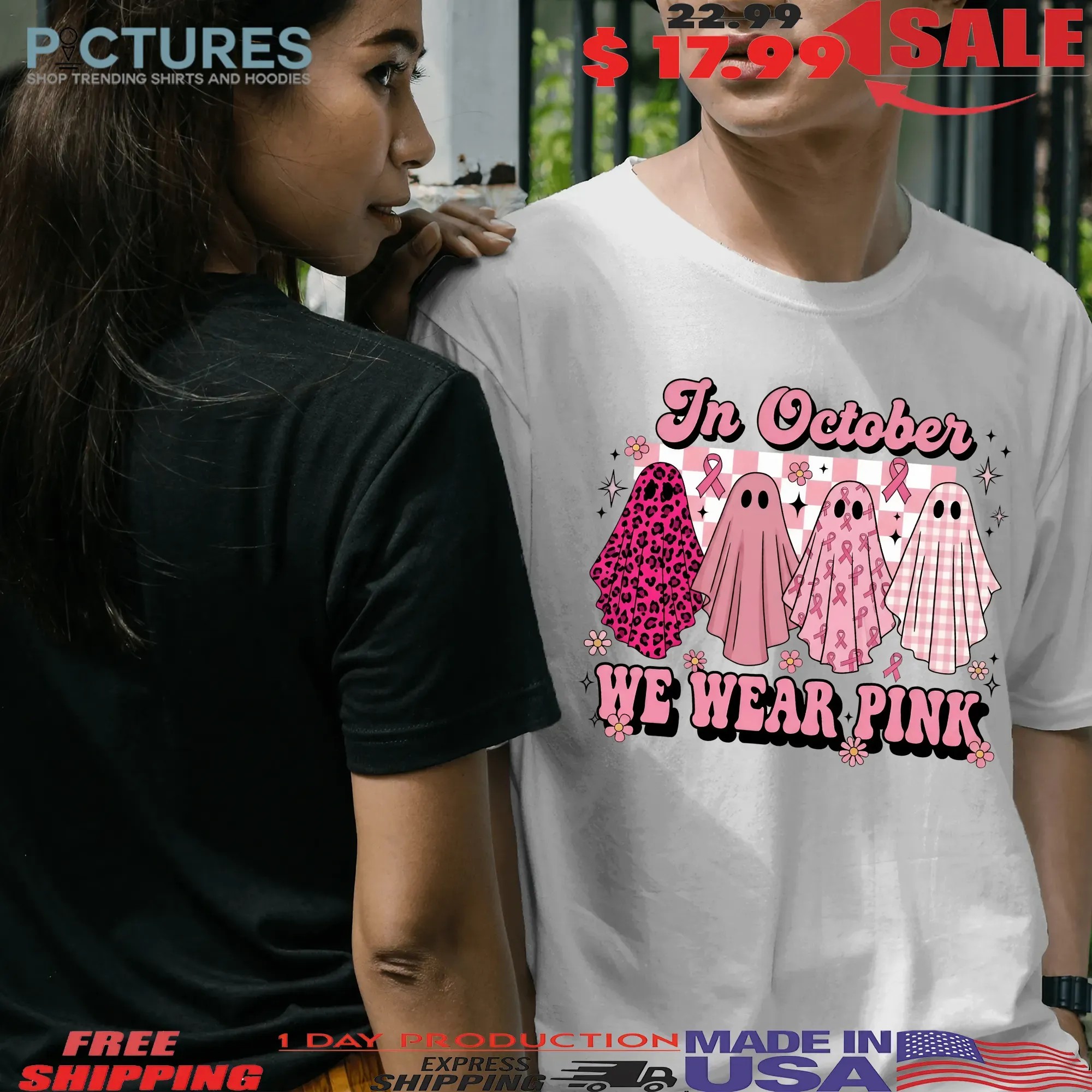 In October We Wear Pink Ghost, Coquette Breast Cancer Awareness Halloween, Pink Ribbon Cute Ghost, October Pink Shirt 7 In October We Wear Pink Ghost, Coquette Breast Cancer Awareness Halloween, Pink Ribbon Cute Ghost, October Pink Shirt