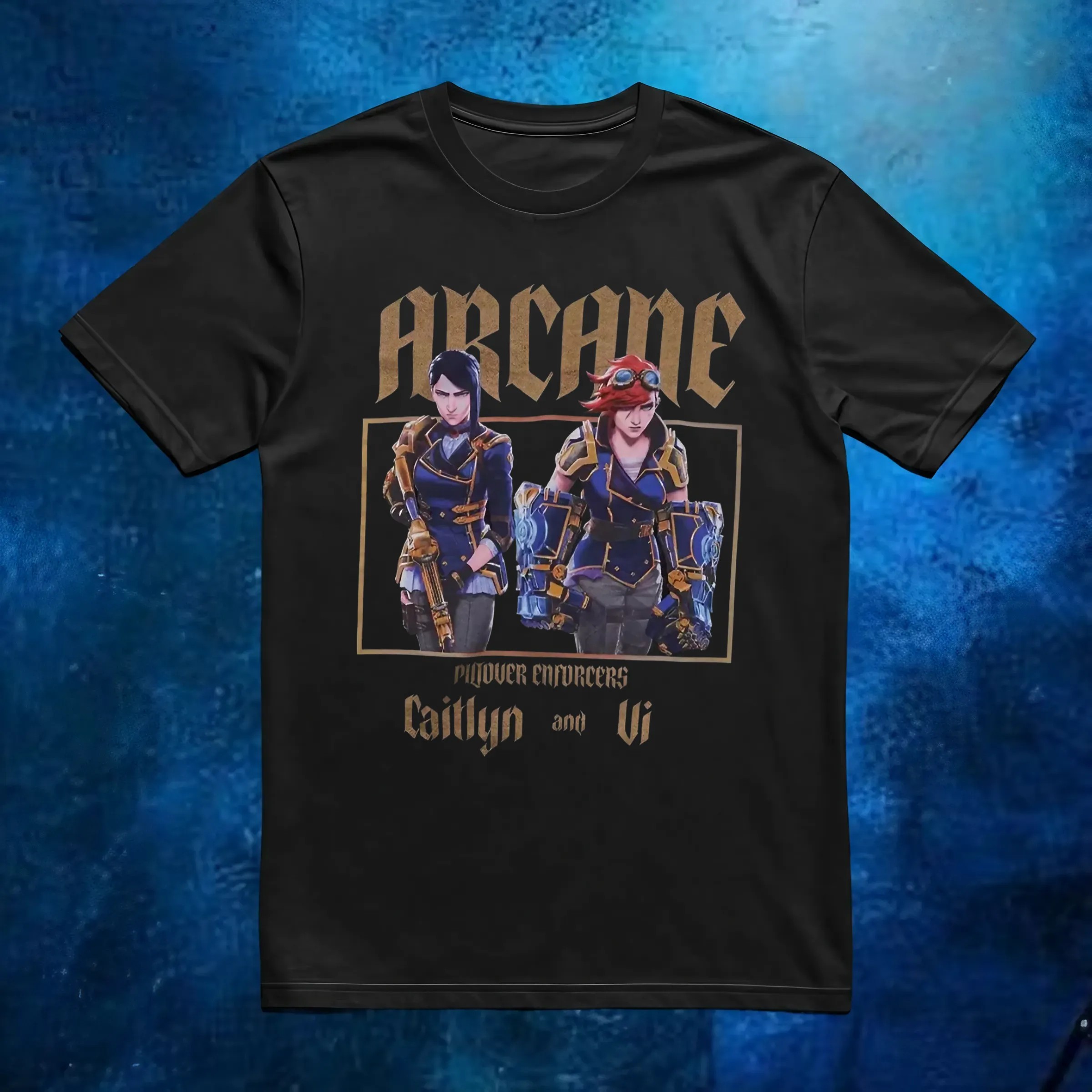 Arcane Caitlyn and Vi Piltover Enforcers Dark Wash T-Shirt