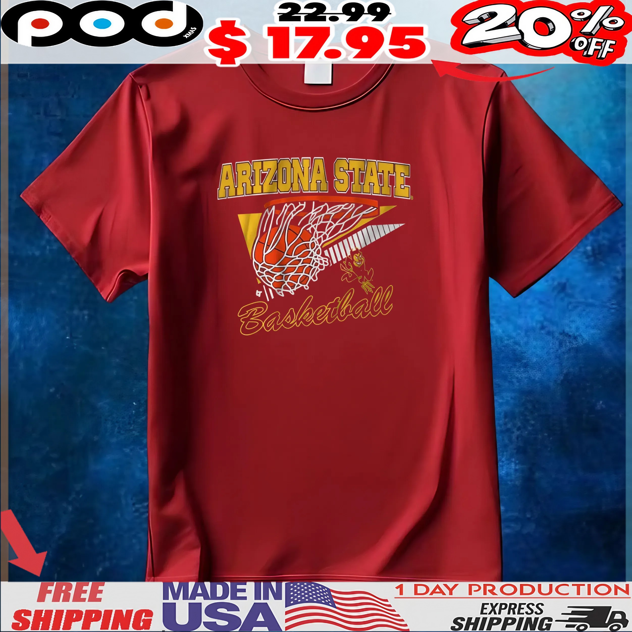 Arizona State Basketball Retro Swish T Shirt 3 Arizona State Basketball Retro Swish T Shirt