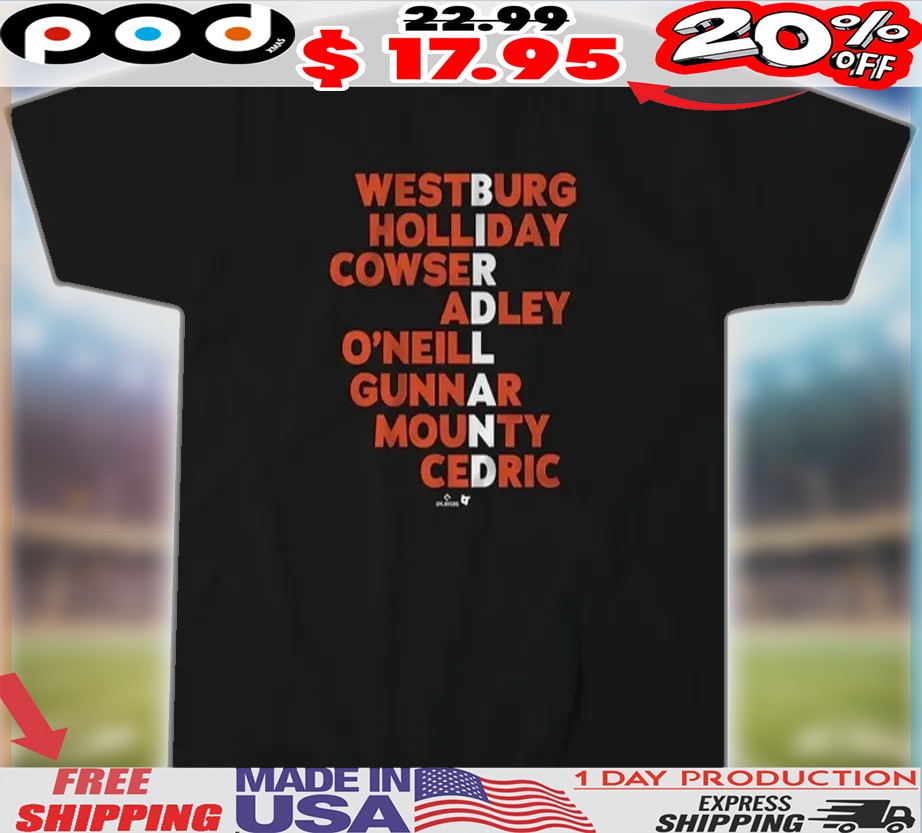 Baltimore Orioles Westburg Holliday Cowser Adley O'neill Gunnar Mounty Cedric Birdland Names 2025 Shirt 1 Baltimore Orioles Westburg Holliday Cowser Adley O'neill Gunnar Mounty Cedric Birdland Names 2025 Shirt