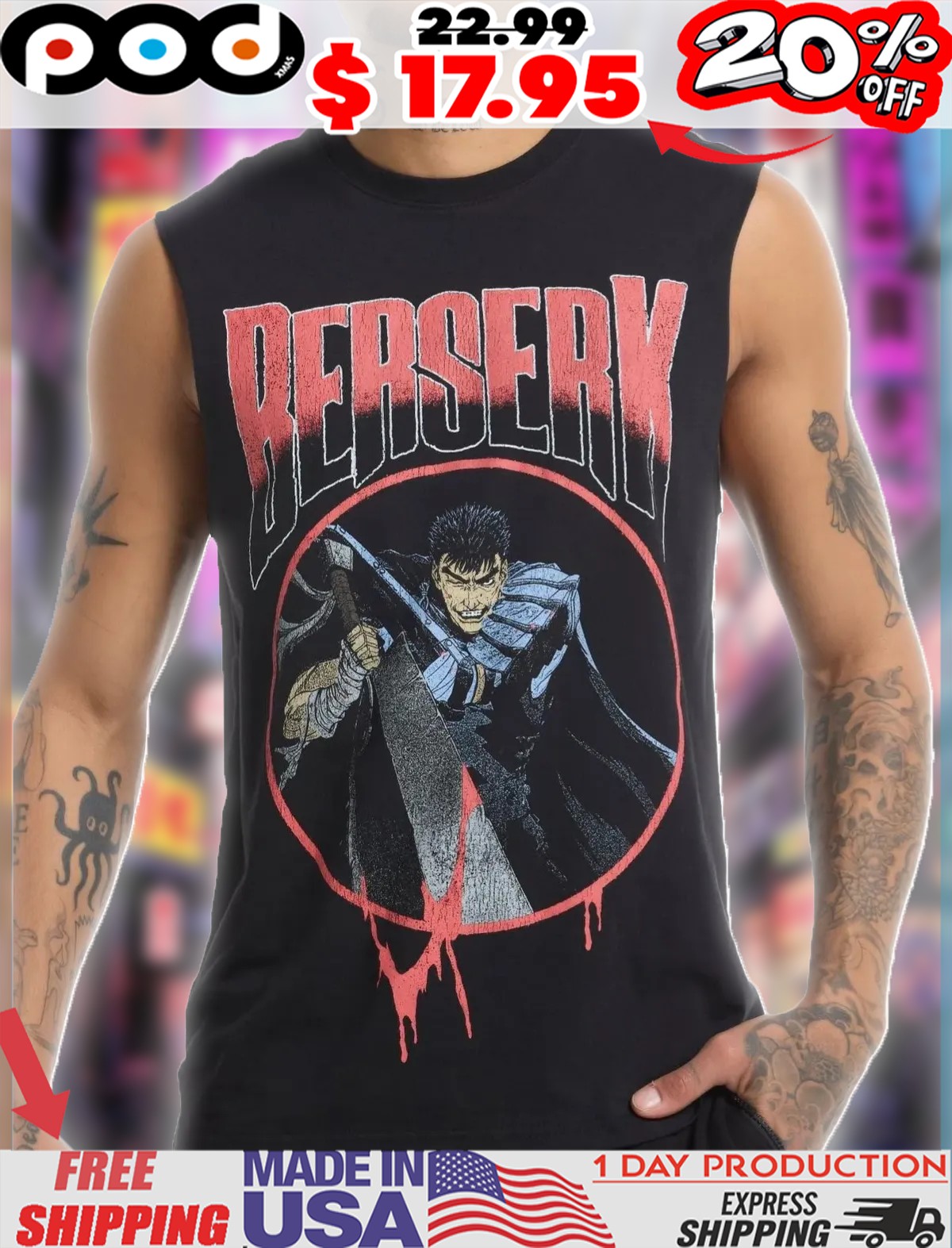 Berserk Guts Bloody Sword Anime Vintage Shirt