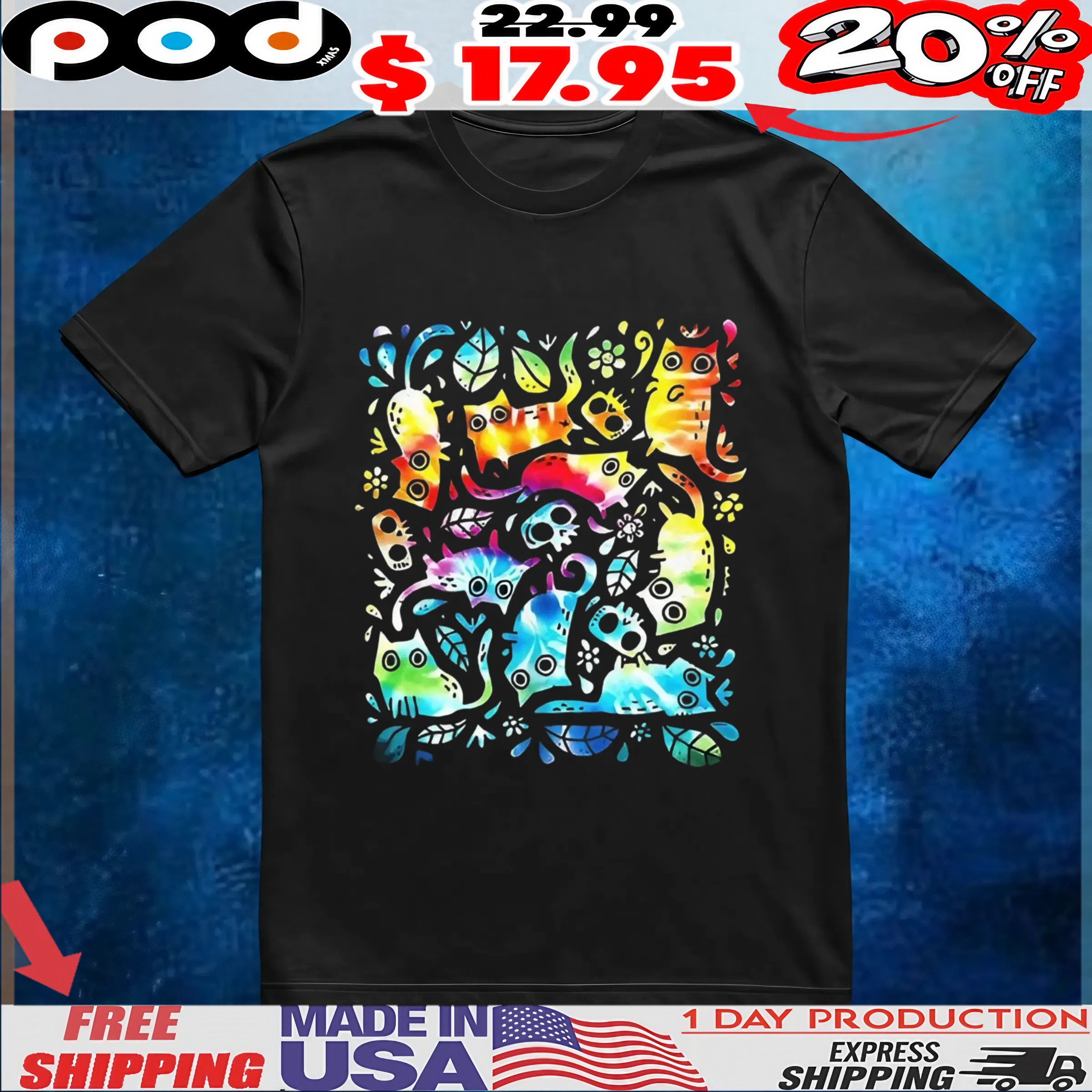 Colorful cats and skulls nine lives shirt