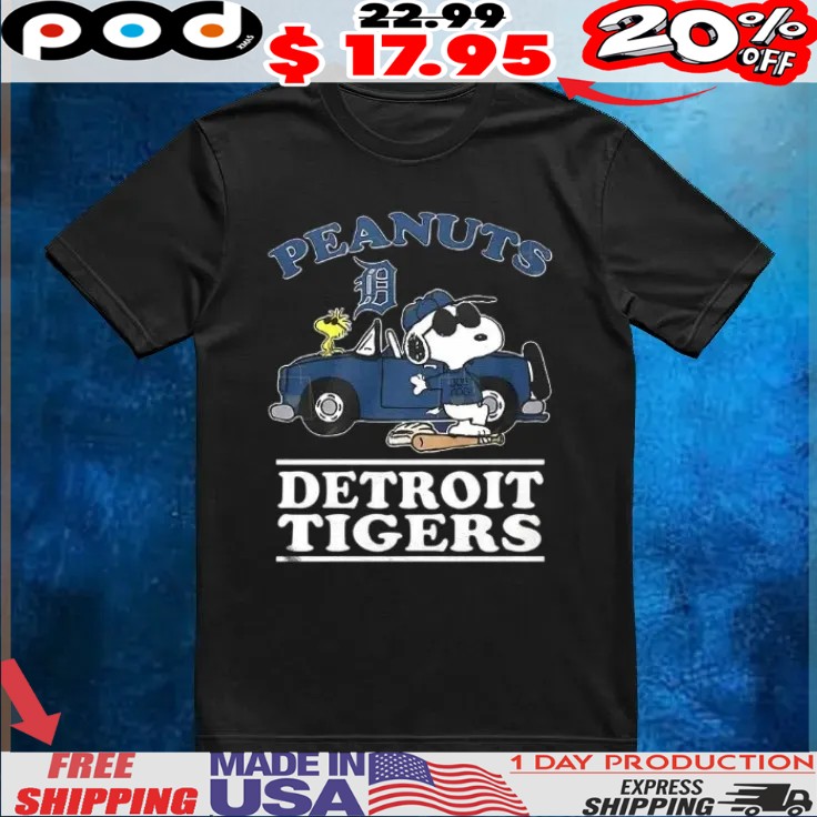 Detroit Tigers Peanuts Snoopy driving car shirt