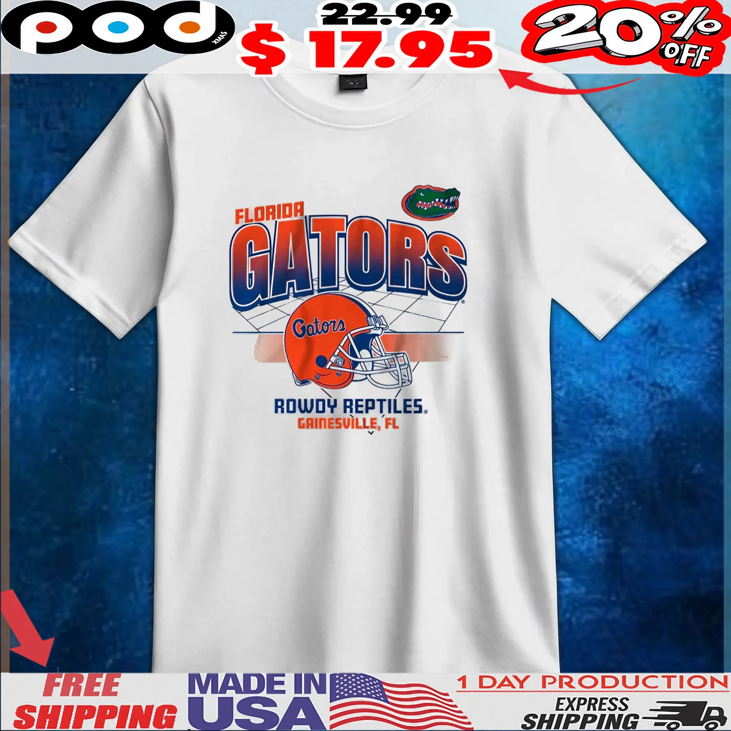 Florida Gators Football Rowdy Reptiles Gainesville Helmet Grid T Shirt
