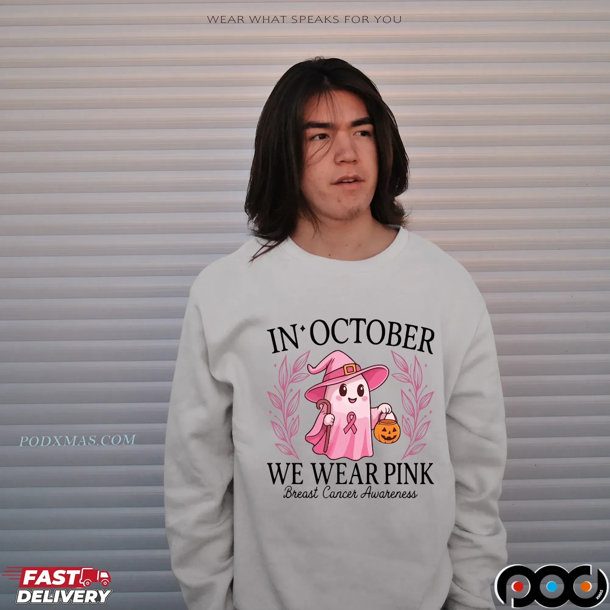 In October We Wear Pink Breast Cancer Awareness Halloween Pink Ghost Breasts T Shirt