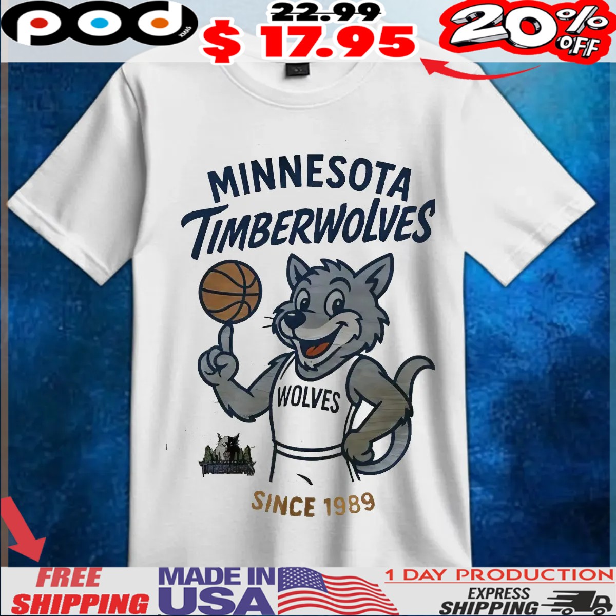 Minnesota Timberwolves Crunch Mascot Since 1989 Wolves NBA Basketball T Shirt